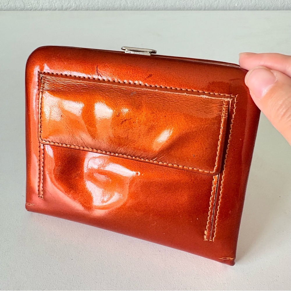 Neiman Marcus Bifold Wallet Shiny Orange Patent Leather Coin Purse Bag